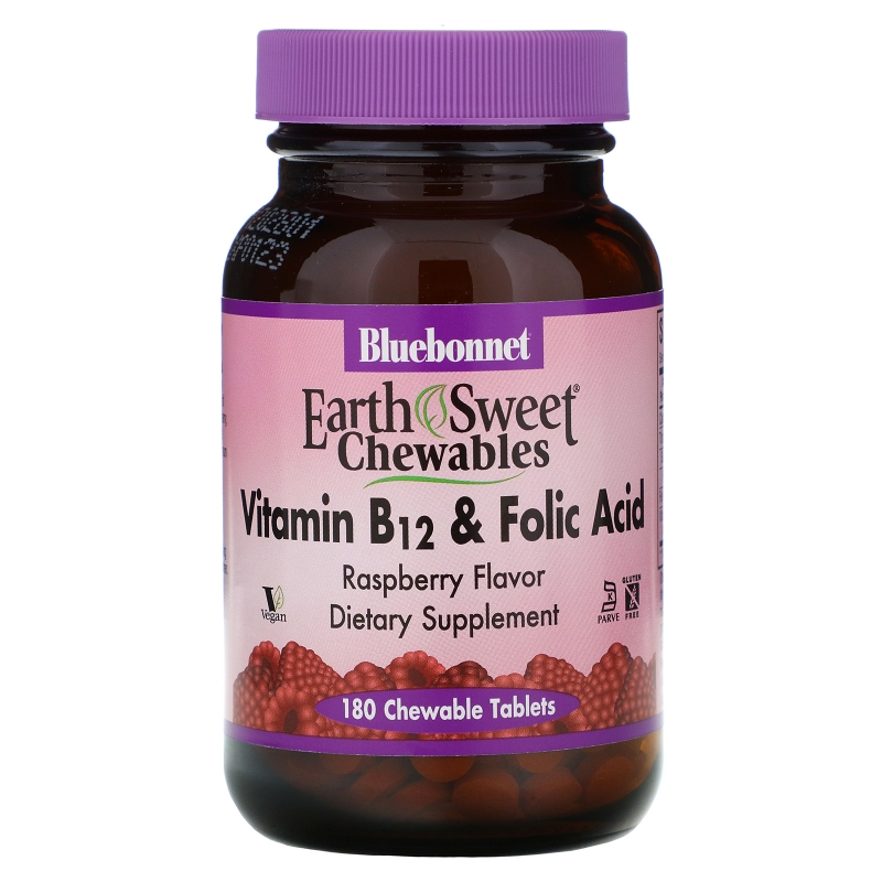 Bluebonnet Nutrition EarthSweet Vitamin B-12 & Folic Acid Natural Raspberry Flavor 180 Chewable Tablets