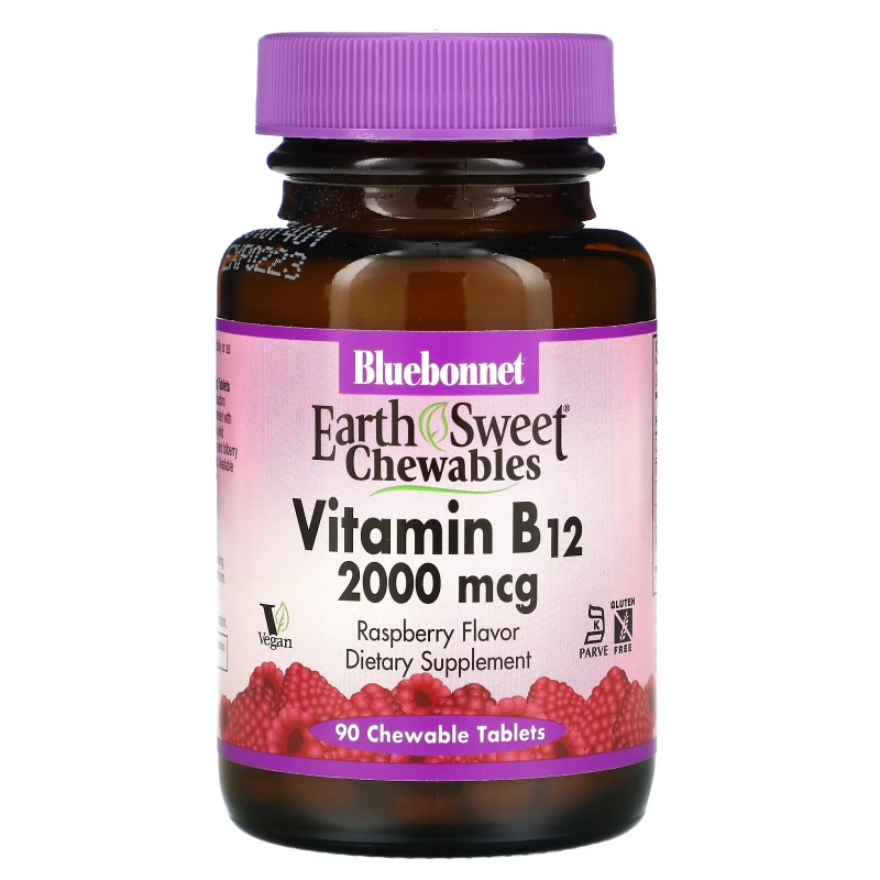 Bluebonnet Nutrition EarthSweetЖевательный витамин B-12 2000 микро грамм со вкусом малины 90 жевательных таблеток