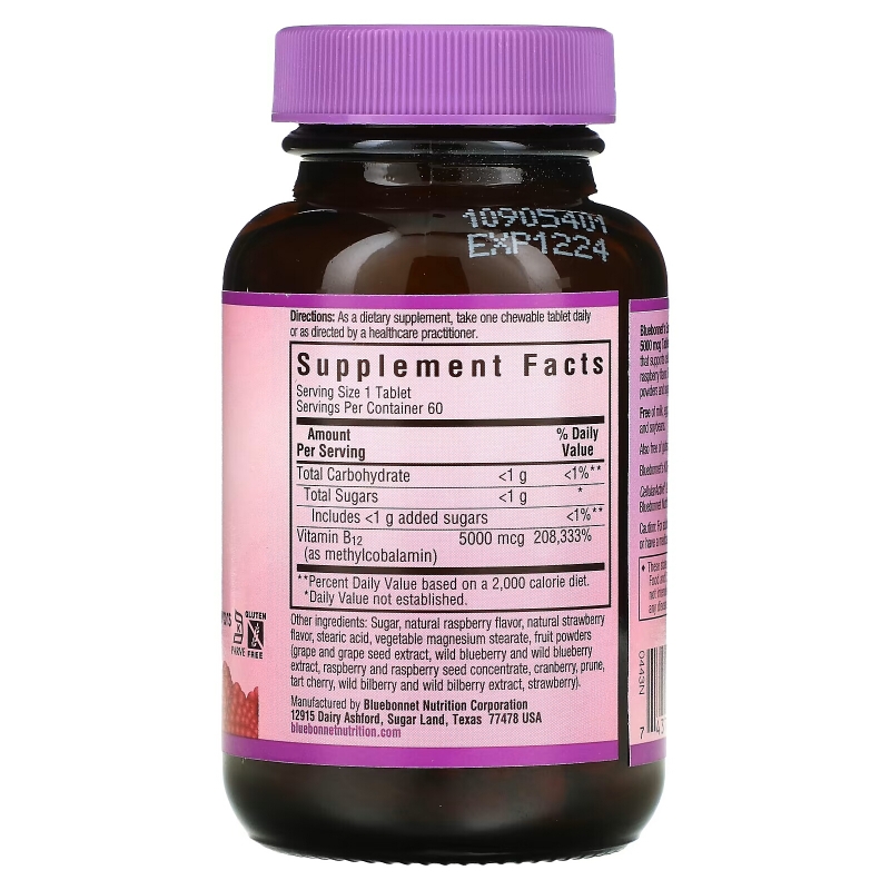 Bluebonnet Nutrition EarthSweet метилкобаламин витамин B-12 натуральный вкус малины 5000 мкг 60 жевательных таблеток