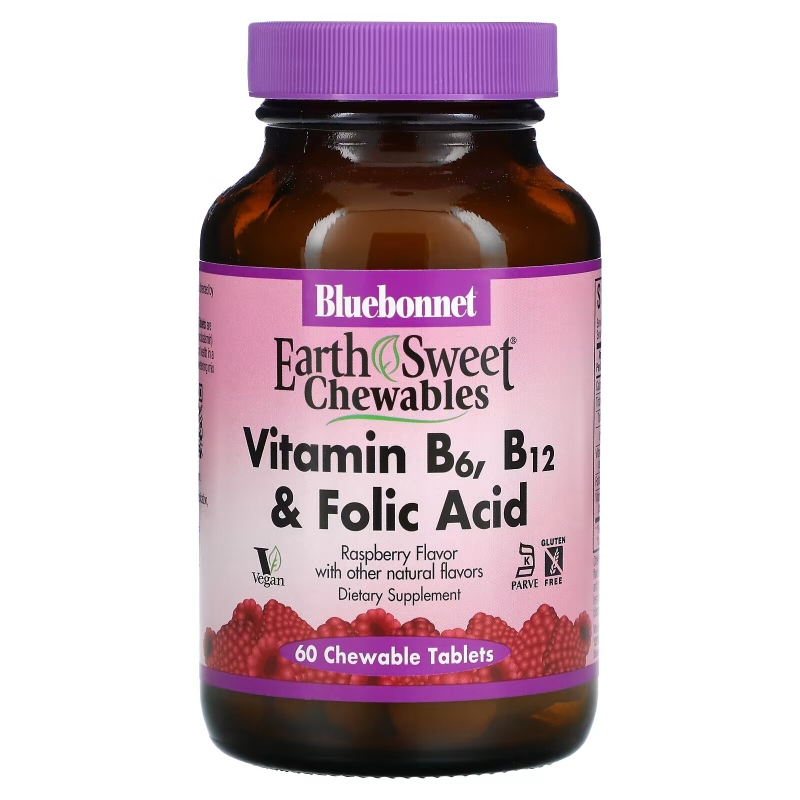 Bluebonnet Nutrition EarthSweet Витамины B-6 B-12 с фолиевой кислотой со вкусом малины 60 жевательных таблеток