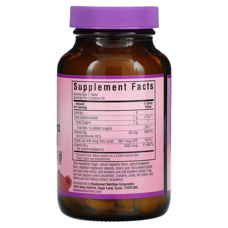 Bluebonnet Nutrition EarthSweet Витамины B-6 B-12 с фолиевой кислотой со вкусом малины 60 жевательных таблеток