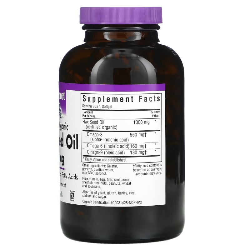 Bluebonnet Nutrition Сертифицировано органическое льняное масло1000 мг 250 капсул