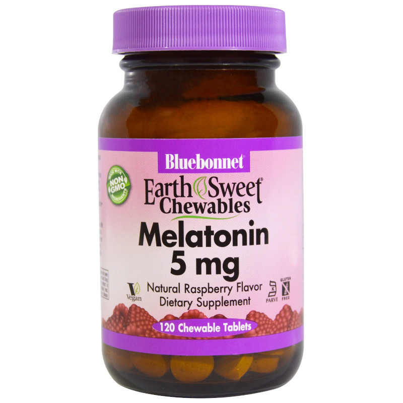 Bluebonnet Nutrition, Earth Sweet Витаминки, Мелатонин, Натуральный Малиновый Вкус, 5 мг, 120 Жевательных Таблеток
