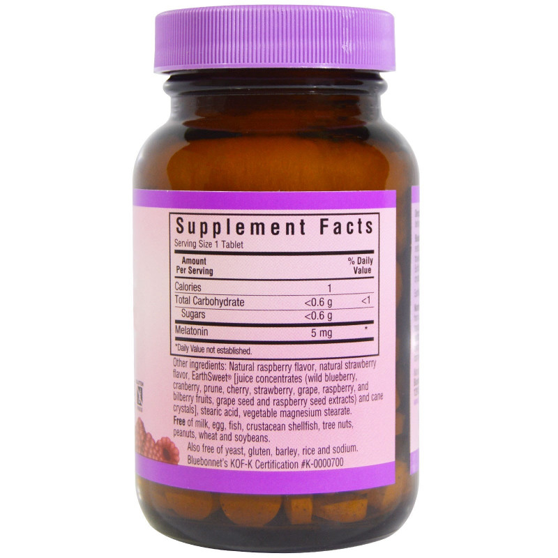 Bluebonnet Nutrition, Earth Sweet Витаминки, Мелатонин, Натуральный Малиновый Вкус, 5 мг, 120 Жевательных Таблеток