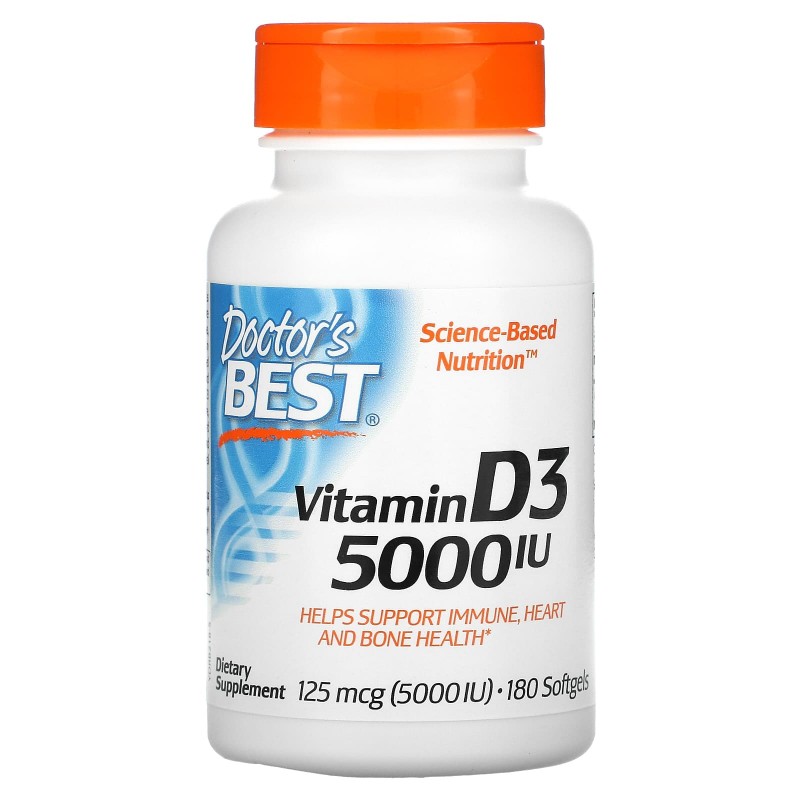 Doctor's Best, Витамин D3, 125 мкг (5000 МЕ), 180 мягких таблеток