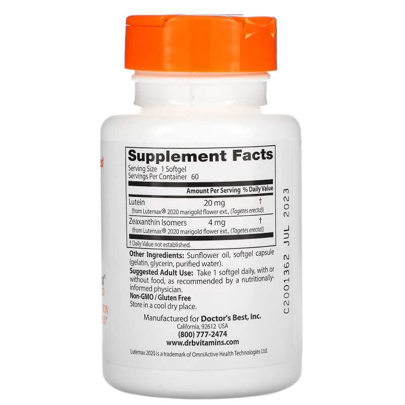 Doctor's Best Best Lutein Featuring Lutemax 20 mg 60 Softgels