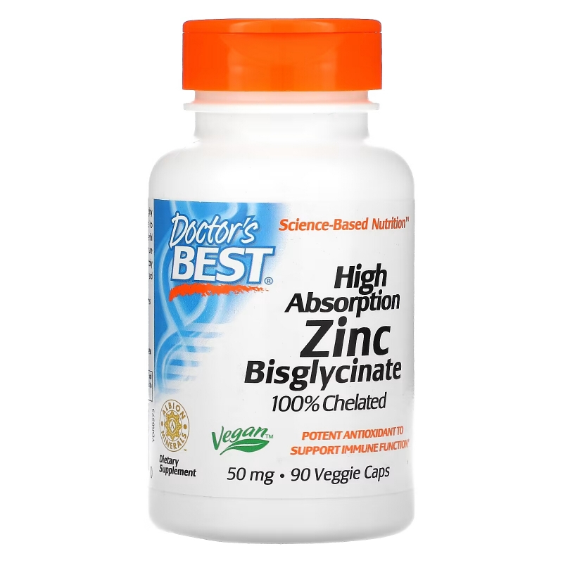 Doctor's Best, High Absorption Zinc Bisglycinate, 100% Chelated, 50 mg , 90 Veggie Caps