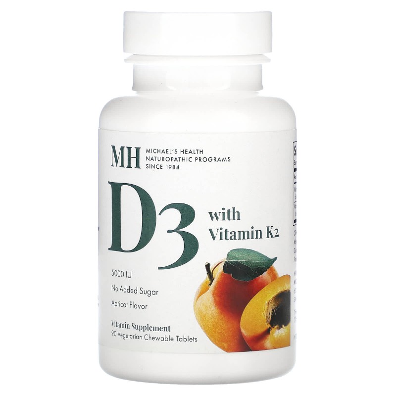 Michael's Naturopathic, Витамин D3, с витамином K2, натуральным абрикосовым вкусом, 5000 ИЕ, 90 жевательных таблеток