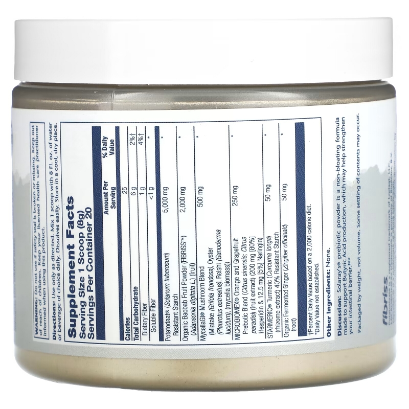 Solaray, Mycrobiome Prebiotic Powder, Unflavored, 5.64 oz (160 g)