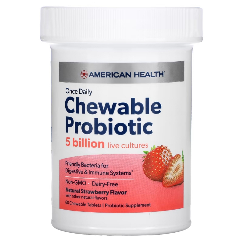 American Health, Once Daily Chewable Probiotic, Natural Strawberry, 5 Billion CFU, 60 Chewable Tablets