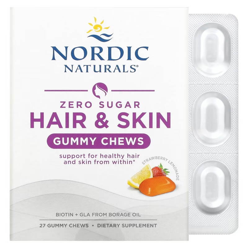 Nordic Naturals, Zero Sugar Hair & Skin Gummy Chews, Strawberry Lemonade, 27 Gummy Chews