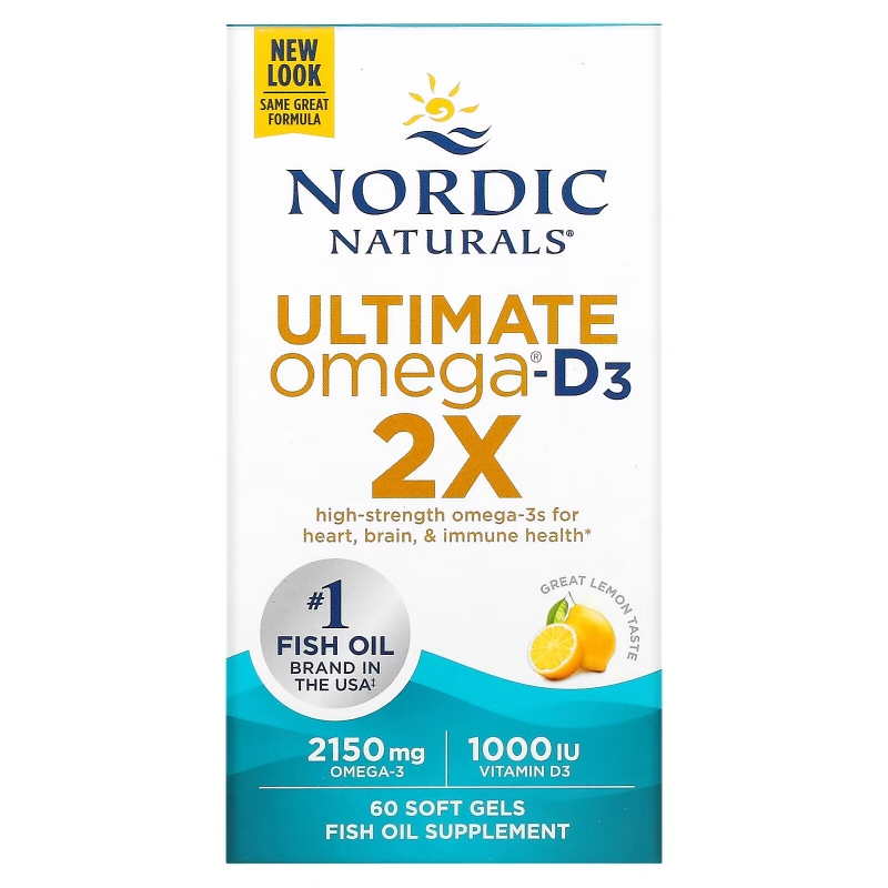 Nordic Naturals, Ultimate Omega 2X с витамином D3, вкус лимона, 60 мягких капсул