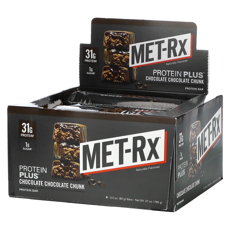 MET-Rx, Батончик Протеин Плюс,  Шоколадный Блок, 9 батончиков, по 3,0 унции (85 г) каждый