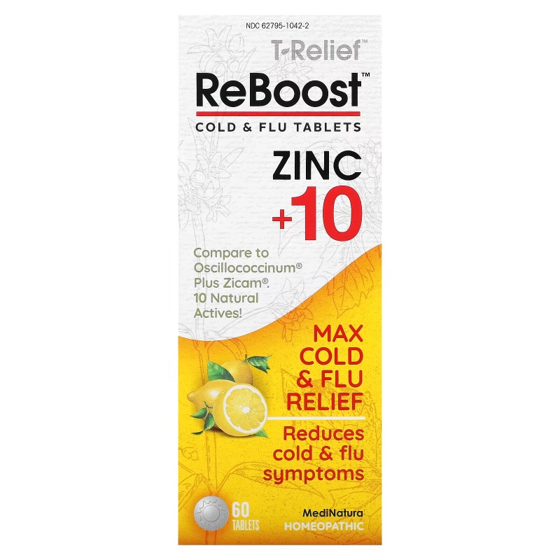 MediNatura, T-Relief, ReBoost, Zinc +10, Cold & Flu Tablets, 60 Tablets