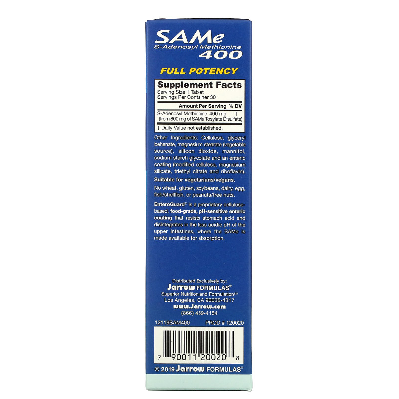 Jarrow Formulas Природный SAM-E 400 400 мг 30 таблеток м энтеросолюбильным покрытием