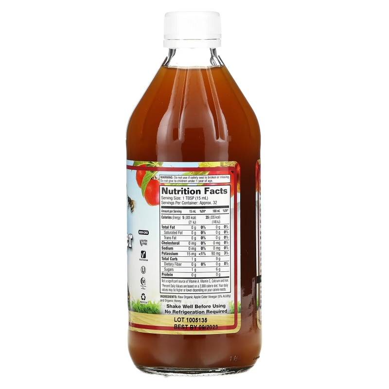 Dynamic Health  Laboratories, Непастеризованный органический яблочный уксус с уксусной маткой и медом, 473 мл (16 fl oz)