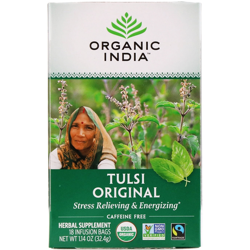 Organic India, Чай Туласи - священный базилик, в пакетиках,  для снятия стресса, без кофеина 18 пакетиков (32.4 г)