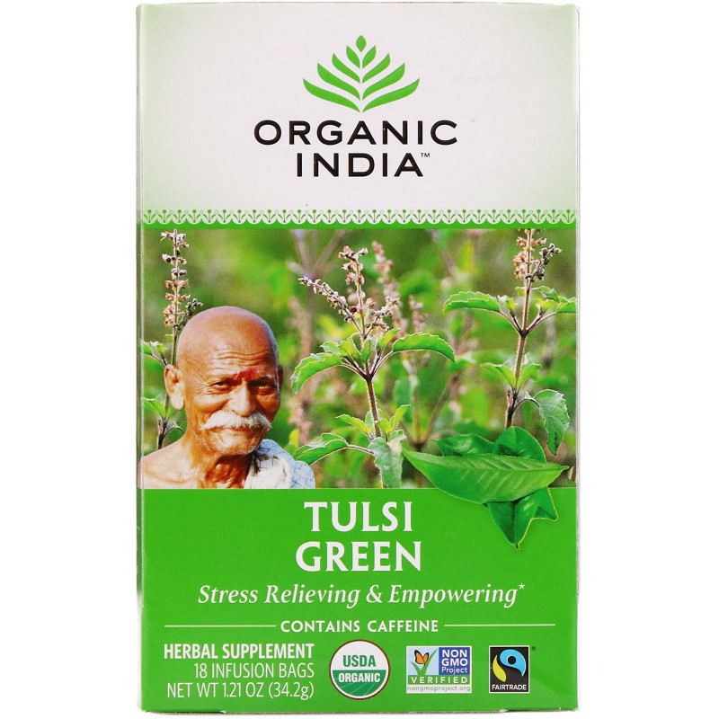 Organic India Чай Tulsi Священный базилик Зеленый чай в пакетиках, для энергии и снятия стресса, 18 пакетиков 1.21 унций (32.2 г)
