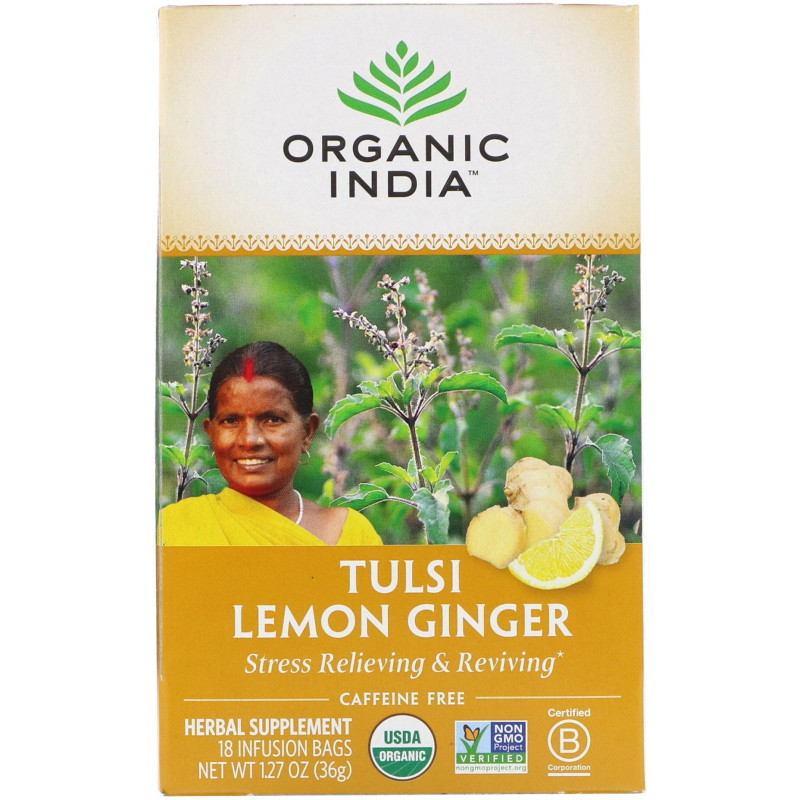 Organic India Чай тулси с ароматом лимона и имбиря в пакетиках, для снятия стресса, без кофеина 18 бумажных пакетиков 1.27 унций (36 г)