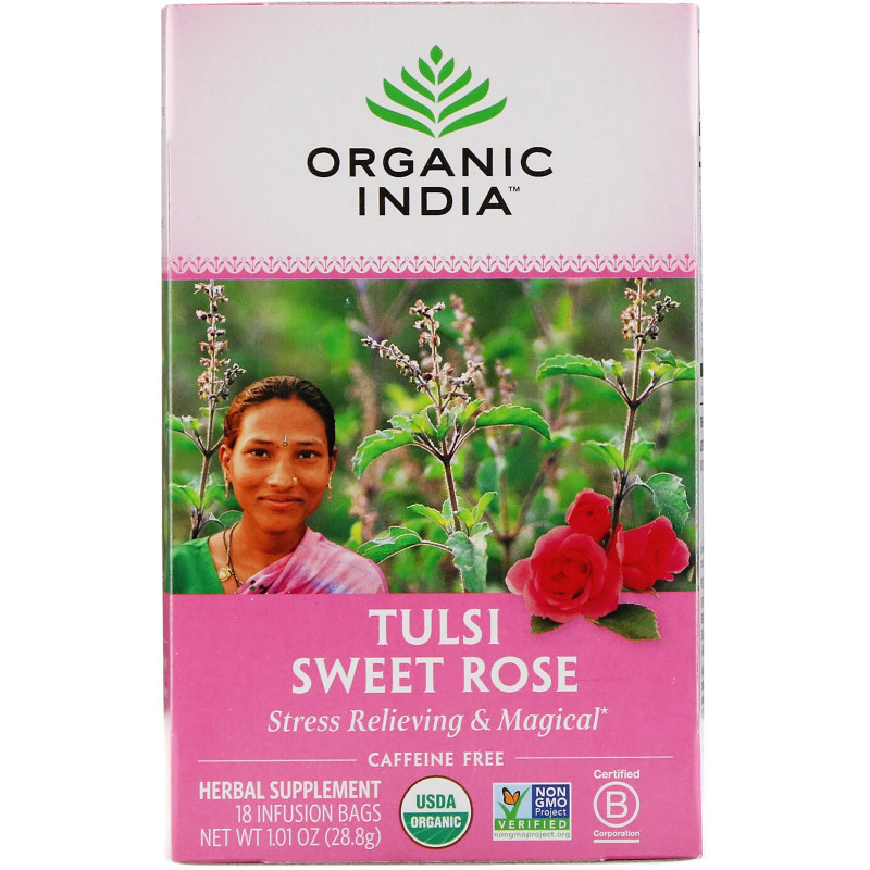 Organic India Чай Тулси Сладкая роза, в пакетиках, для снятия стресса,  Без кофеина 18 чайных пакетиков 101 унции (288 г)