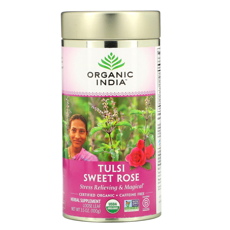 Organic India, Рассыпной Листовой чай туласи сладкая роза, для снятия стресса, без кофеина 35 унции (100 г)