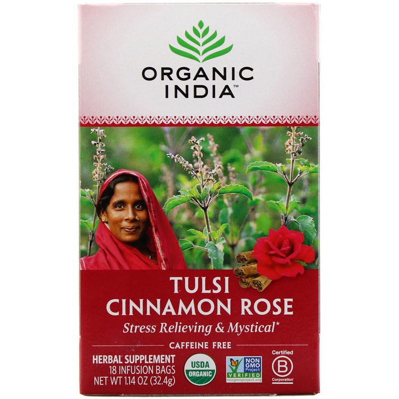 Organic India Tulsi Holy Basil Tea Caffeine-Free Cinnamon Rose 18 Infusion Bags 1.14 oz (32.4 g)
