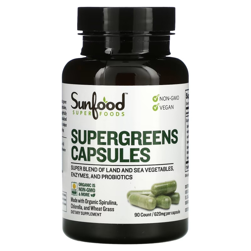Sunfood, Supergreens Capsules, 620 mg, 90 Capsules