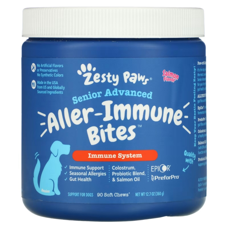 Zesty Paws, Senior Advanced Aller-Immune Bites for Dogs, Immune System, Salmon, 90 Soft Chews, 12.7 oz (360 g)