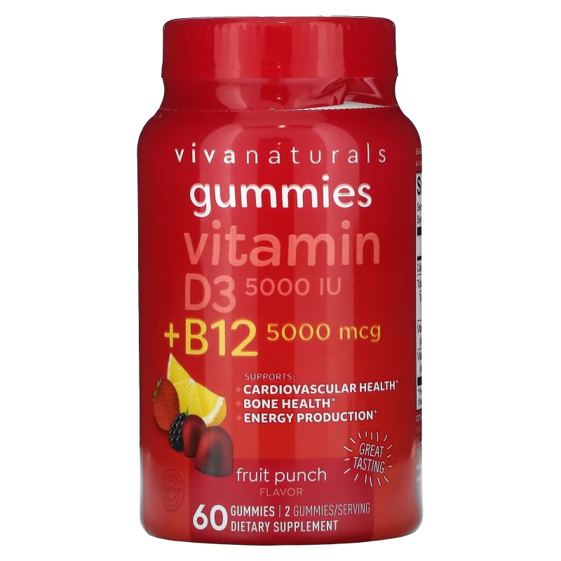 Viva Naturals, Vitamin D3 + B12 , Fruit Punch, 60 Gummies