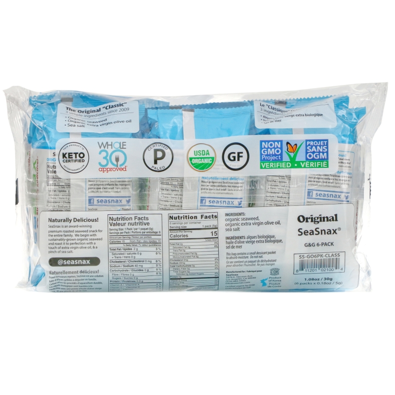SeaSnax, Organic Roasted Seaweed Snack, 6 Pack 0.18 oz (5 g) Each