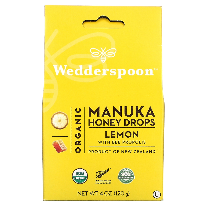 Wedderspoon Organic, Inc., Organic Manuka Honey Drops, Lemon With Bee Propolis, 4 oz (120 g)