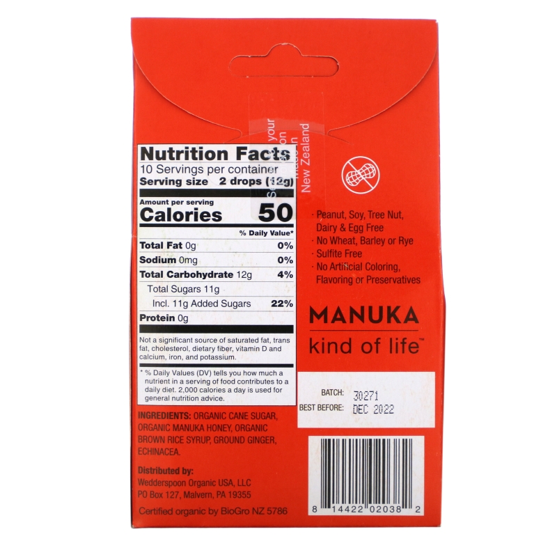 Wedderspoon Organic, Inc., Organic Manuka Honey Drops, Ginger with Echinacea, 4 oz (120 g)