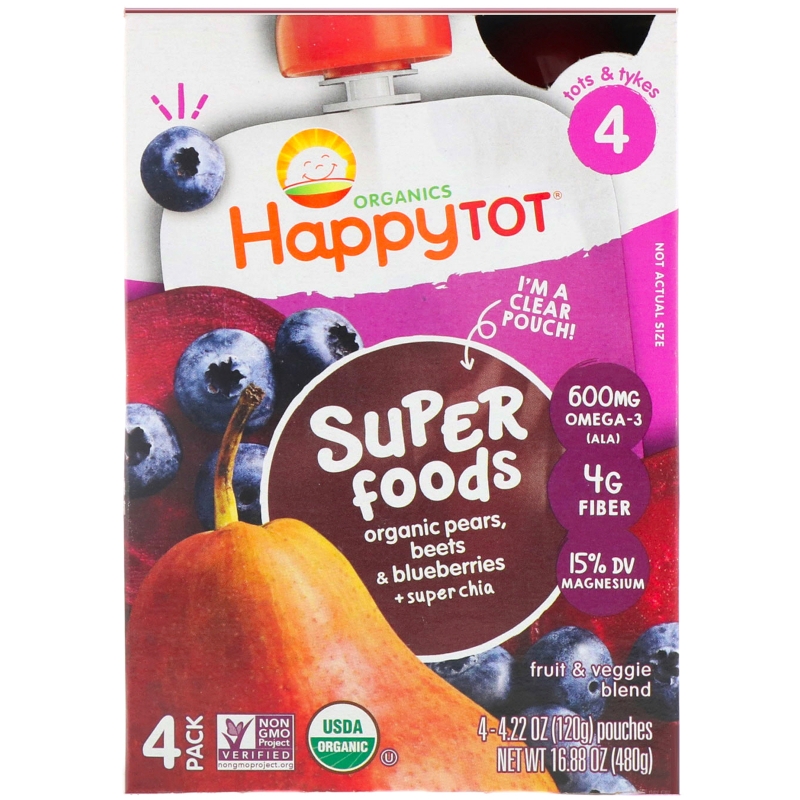 Nurture Inc. (Happy Baby), Happy Tot, Fruit & Veggie Blend, Organic Pears, Blueberries & Beets + Super Chia, Stage 4, 4 Pack - 4.22 oz (120 g) Each