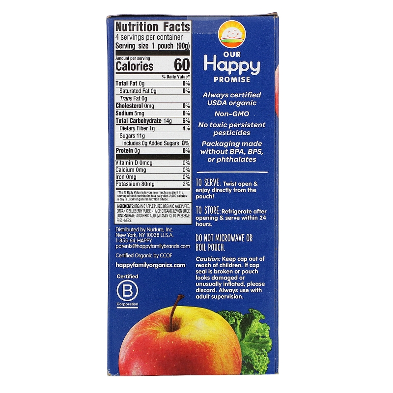 Nurture Inc. (Happy Baby), Happy Squeeze, Organic Superfoods, Twist, Organic Apple, Kale, & Blueberry, 4 Pouches, 3.17 oz (90 g) Each