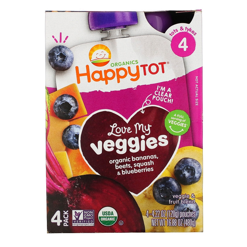 Nurture Inc. (Happy Baby), HappyTot, Love My Veggies, Banana, Beet, Squash & Blueberry, 4 Pouches, 4.22 oz (120 g) Each