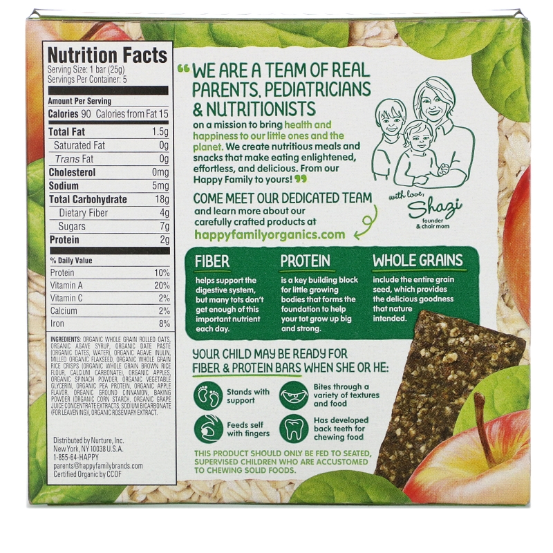 Nurture Inc. (Happy Baby), Happytot, Fiber & Protein Soft-Baked Oat Bar, Organic Apples & Spinach, 5 Bars, 0.88 oz (25 g) Each