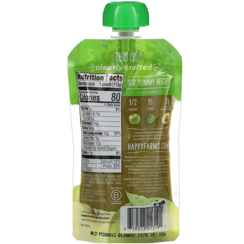 Nurture Inc. (Happy Baby), Organic Happy Baby Food, Stage 2,  6+ Months, Apples, Kale & Avocados, 4 oz (113 g)
