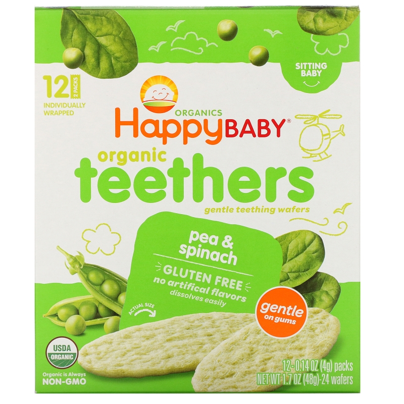 Nurture Inc. (Happy Baby), Gentle Teething Wafers, Organic Teethers, Pea & Spinach, 12 Packs, 0.14 oz (4 g) Each