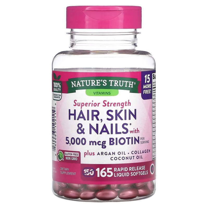 Nature's Truth, Hair, Skin & Nails with Biotin, 5,000 mcg , 165 Rapid Release Liquid Softgels