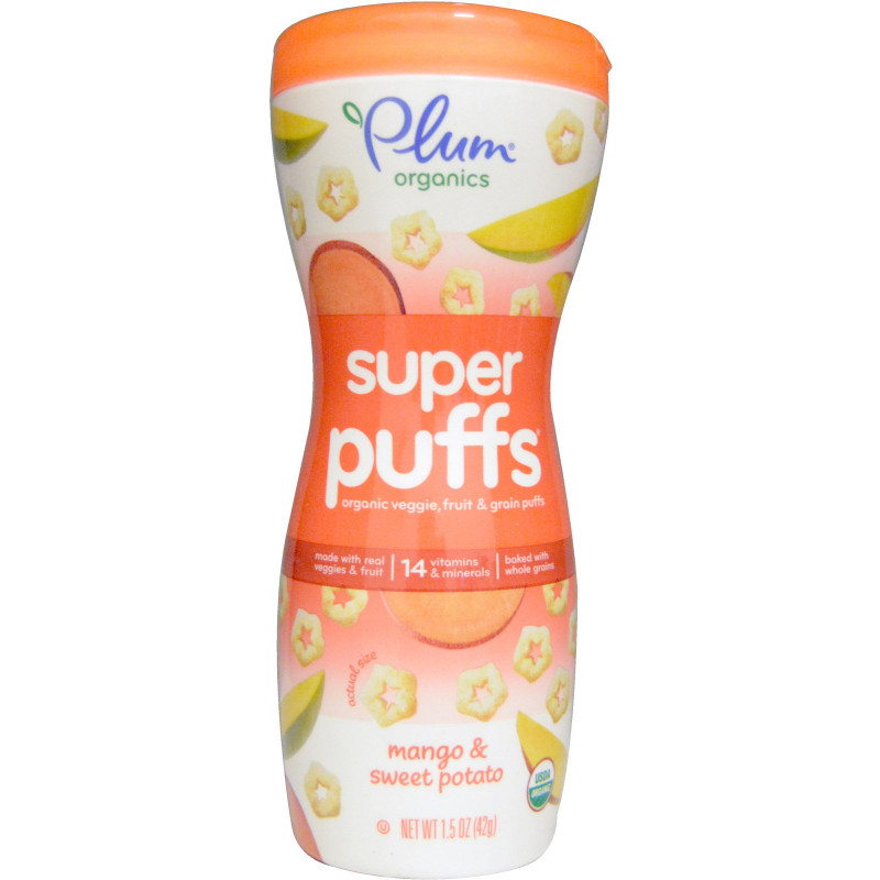 Plum Organics Super Puffs органические колечки из овощей фруктов и злаков манго и батат 15 унции (42 г)