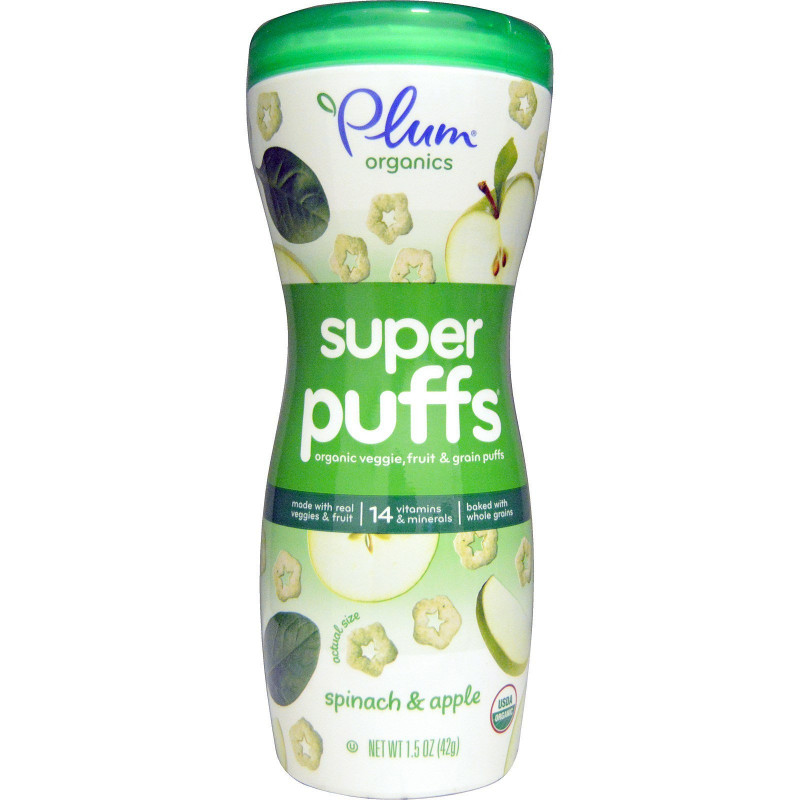 Plum Organics Super Puffs органические колечки из овощей фруктов и злаков шпинат и яблоко 15 унции (42 г)