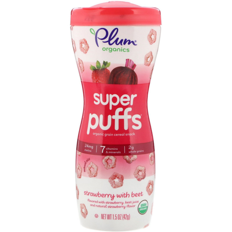Plum Organics Super Puffs органические колечки из овощей фруктов и злаков клубника и свекла 15 унции (42 г)