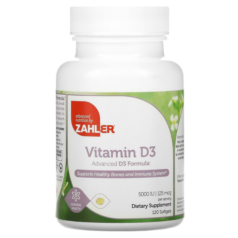 Zahler, Витамин D-3, улучшенная формула D3, 5000 МЕ, 120 мягких таблеток
