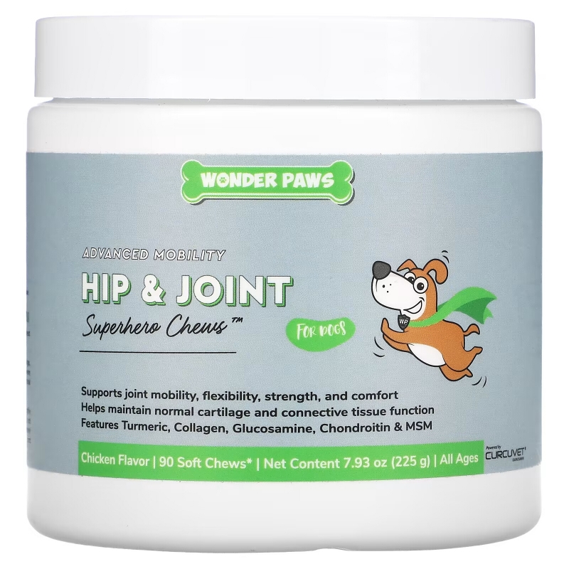 Wonder Paws, Advanced Mobility, Hip & Joint, Superhero Chews for Dogs, All Ages, Chicken , 90 Soft Chews, 7.93 oz (225 g)