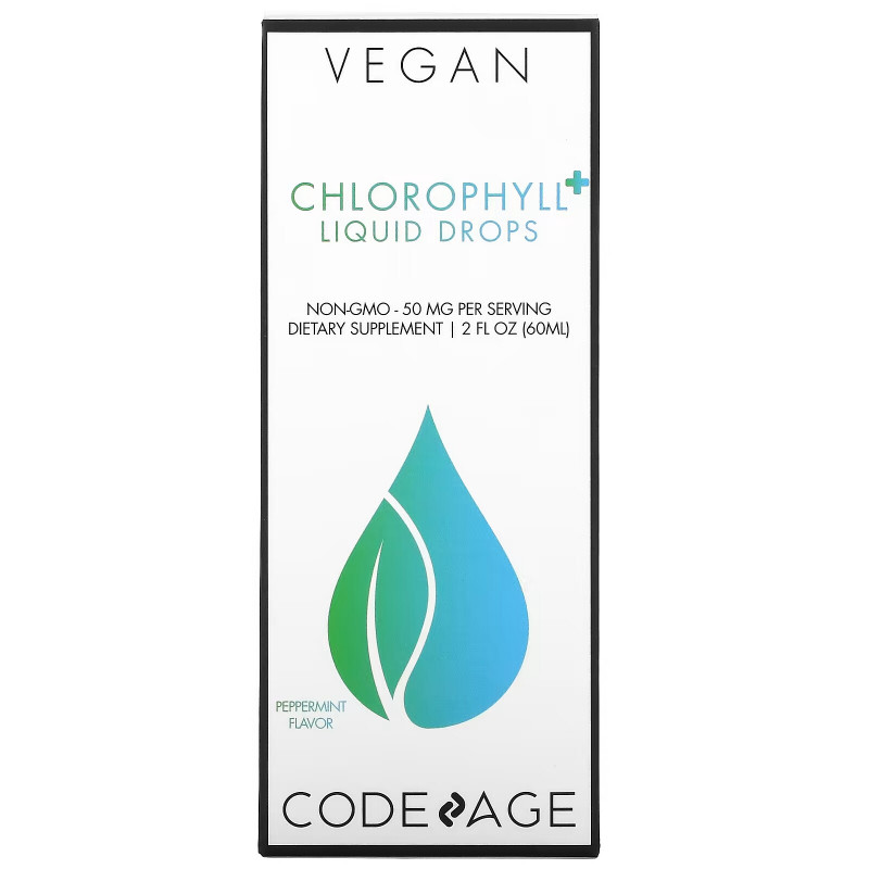 Codeage, Vegan Chlorophyll+ Liquid Drops, Non-GMO, Peppermint, 50 mg, 2 fl oz (60 ml)
