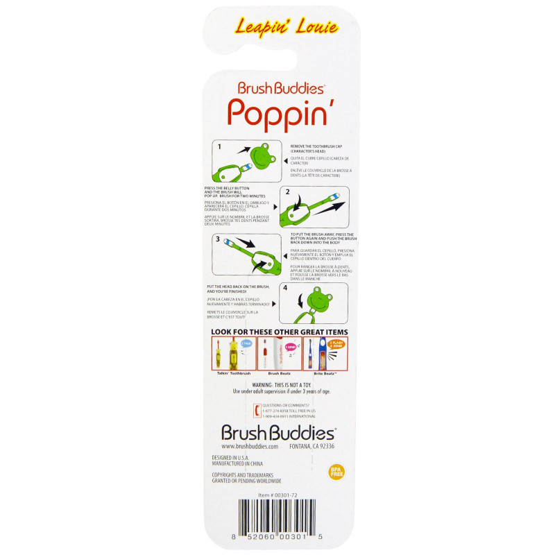 Brush Buddies, Poppin', Leapin' Louie Frog, Soft, 1 Toothbrush