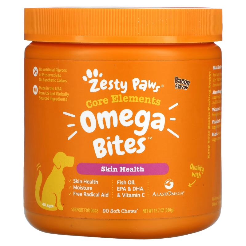 Zesty Paws, Omega Bites, добавка для собак, для здоровья кожи и шерсти животных, с ароматизатором «Бекон», 90 мягких жевательных таблеток