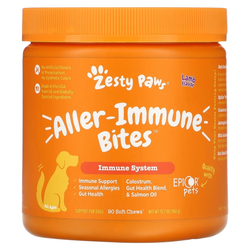 Zesty Paws, Aller-Immune Bites, добавка для собак всех возрастов, со вкусом ягнятины, 90 жевательных таблеток, 360 г (12,7 унции)
