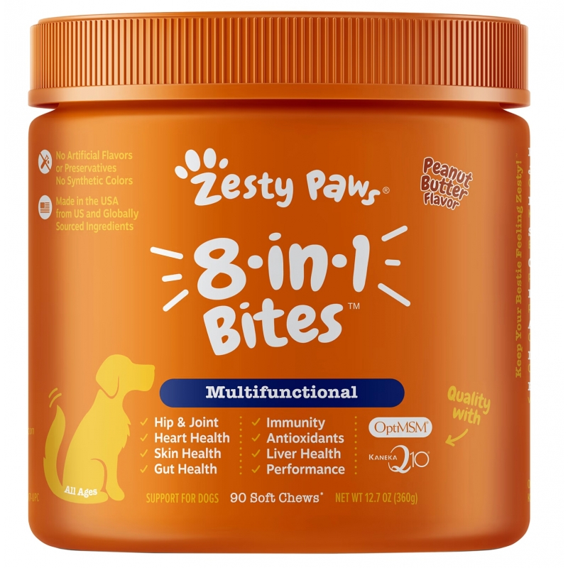 Zesty Paws, многофункциональные таблетки для собак с полезными микроэлементами, 8 в 1, для любого возраста, арахисовое масло, 90 мягких жевательных таблеток