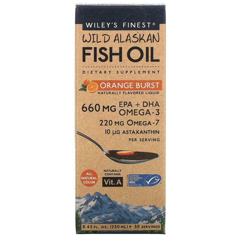 Wiley's Finest, Дикий Аляскинский Рыбий Жир, Апельсиновый Взрыв, 660 мг, 8.4 жидких унции. (250 мл)